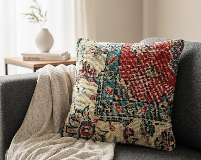 16x16 Vintage Rug Pillow Cover – Luxury Turkish Wool Cushion, Farmhouse Boho Decor