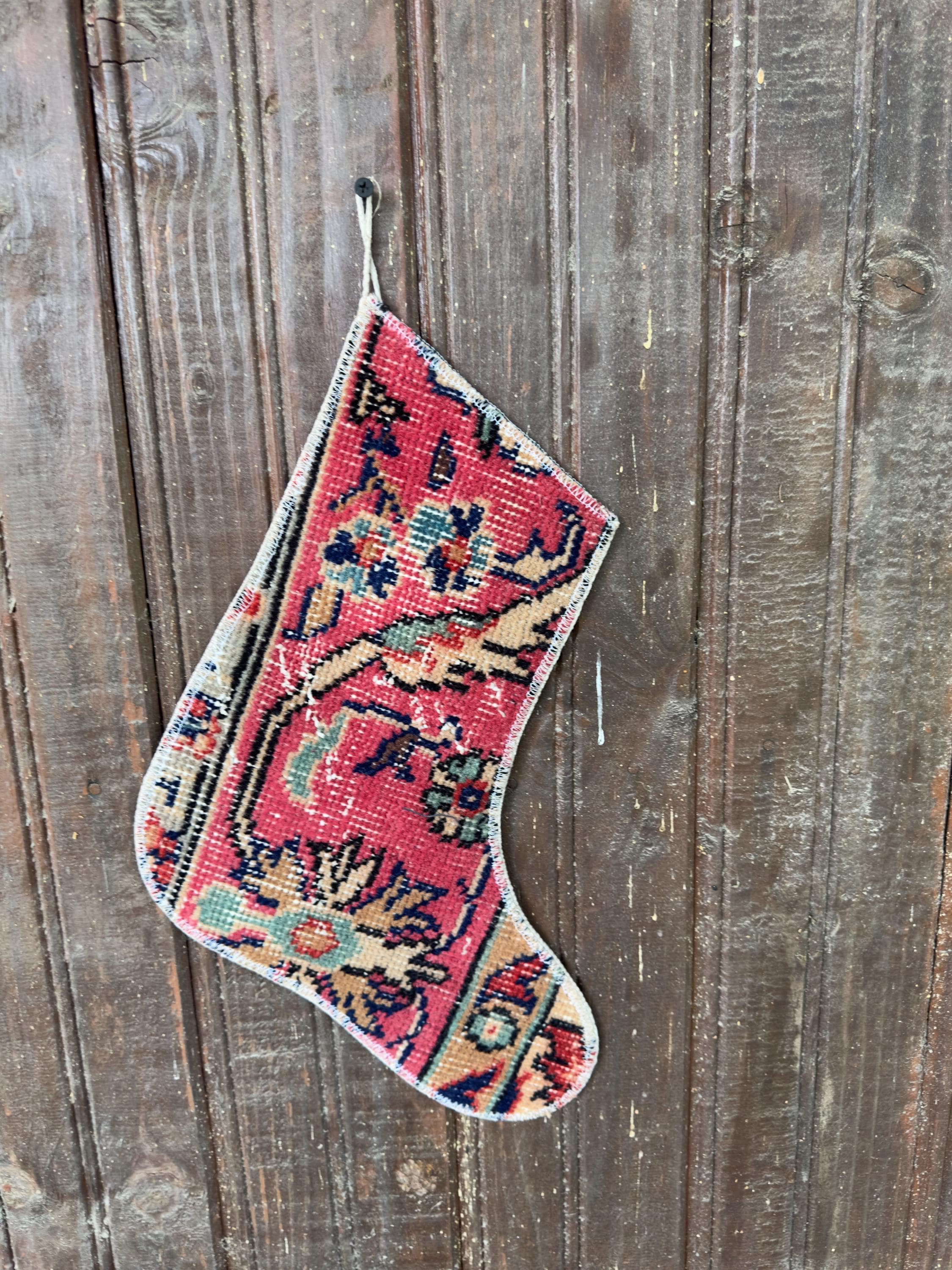 Vintage Turkish Rug Christmas Stocking, Rose Red Navy Floral, Cream Camel Sage, 12.6x11.8 in – view 3