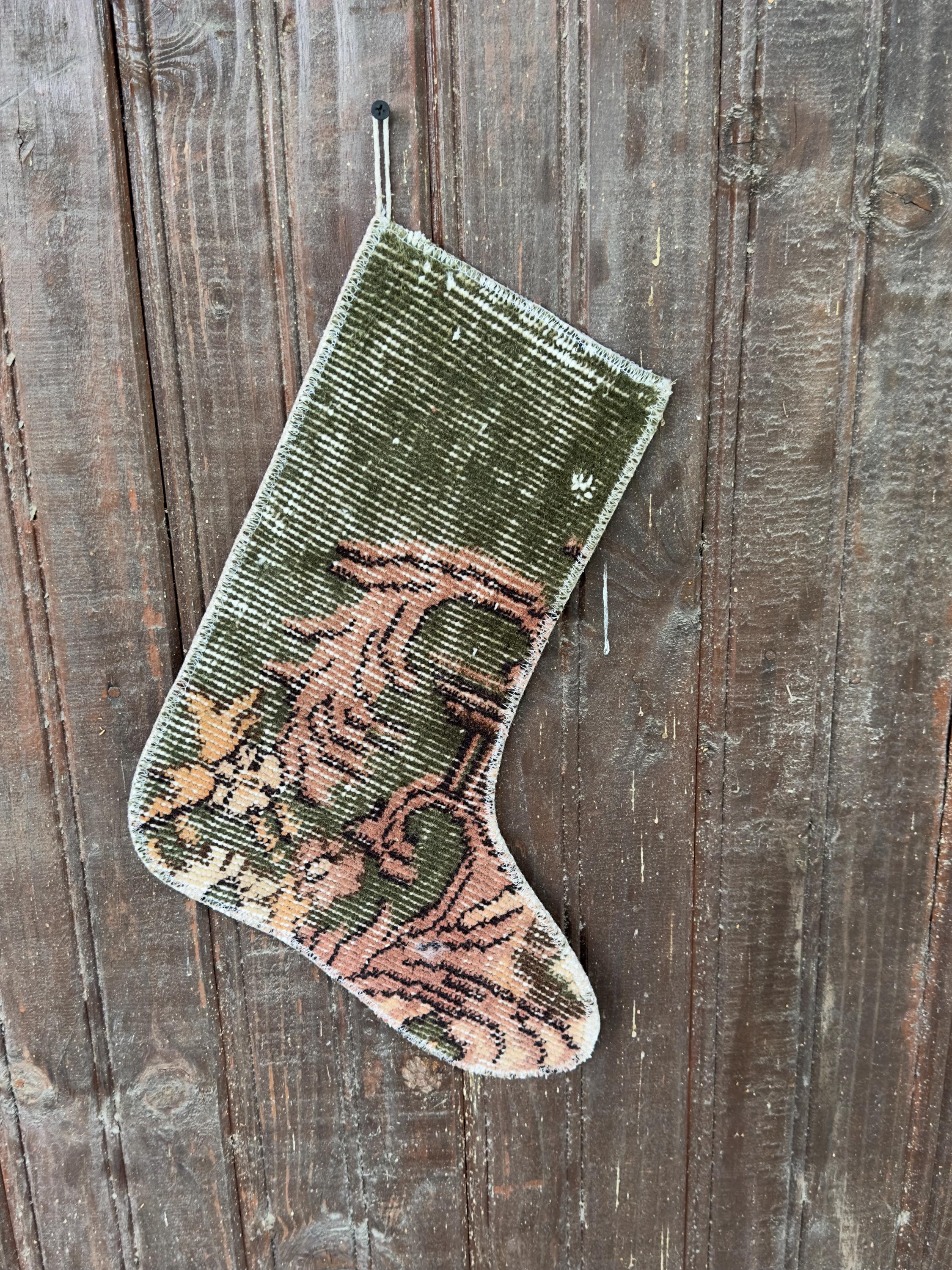 Vintage Turkish Rug Christmas Stocking, Earthy Olive Green Scroll, Dusty Rose Apricot, 12.6x14.6 in – view 3