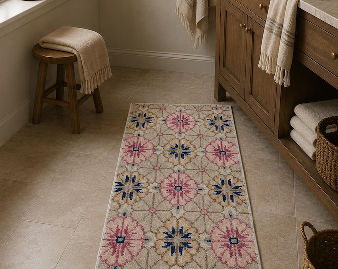 Vintage Turkish Isparta Rug, Handwoven Wool Allover Floral Rosette, Ivory Pink Navy, 1.3x2.4 ft