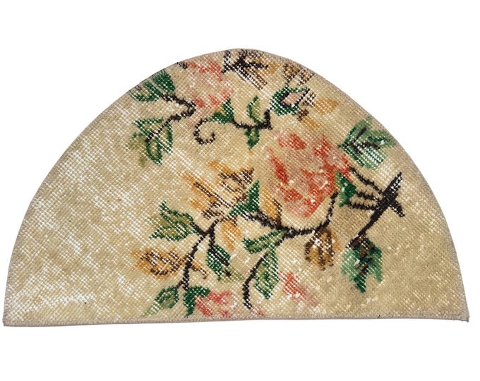 Vintage Turkish Semicircle Rug 14x24 Inch Hand Knotted Wool