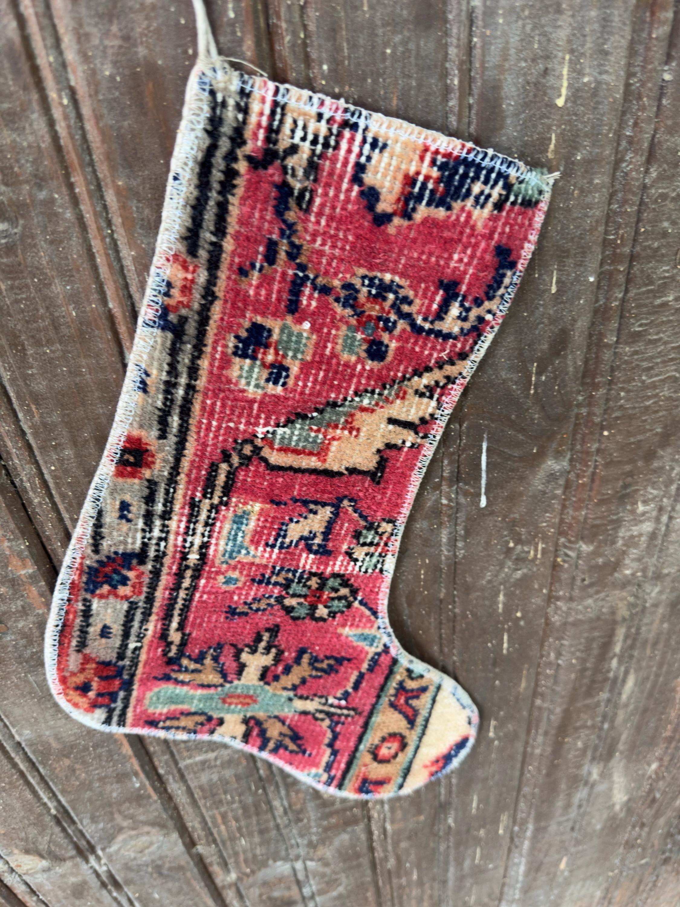Christmas Stocking, Vintage Turkish Rug, Floral Raspberry Pink Ivory Teal, 15 in in ivory, pink, teal, finished edge detail