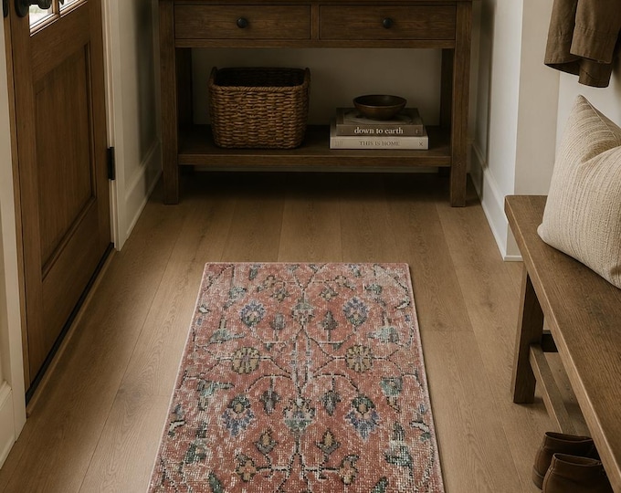 Vintage Turkish Isparta Rug, Handwoven Wool Allover Floral Vine, Distressed Terracotta Lavender Green,