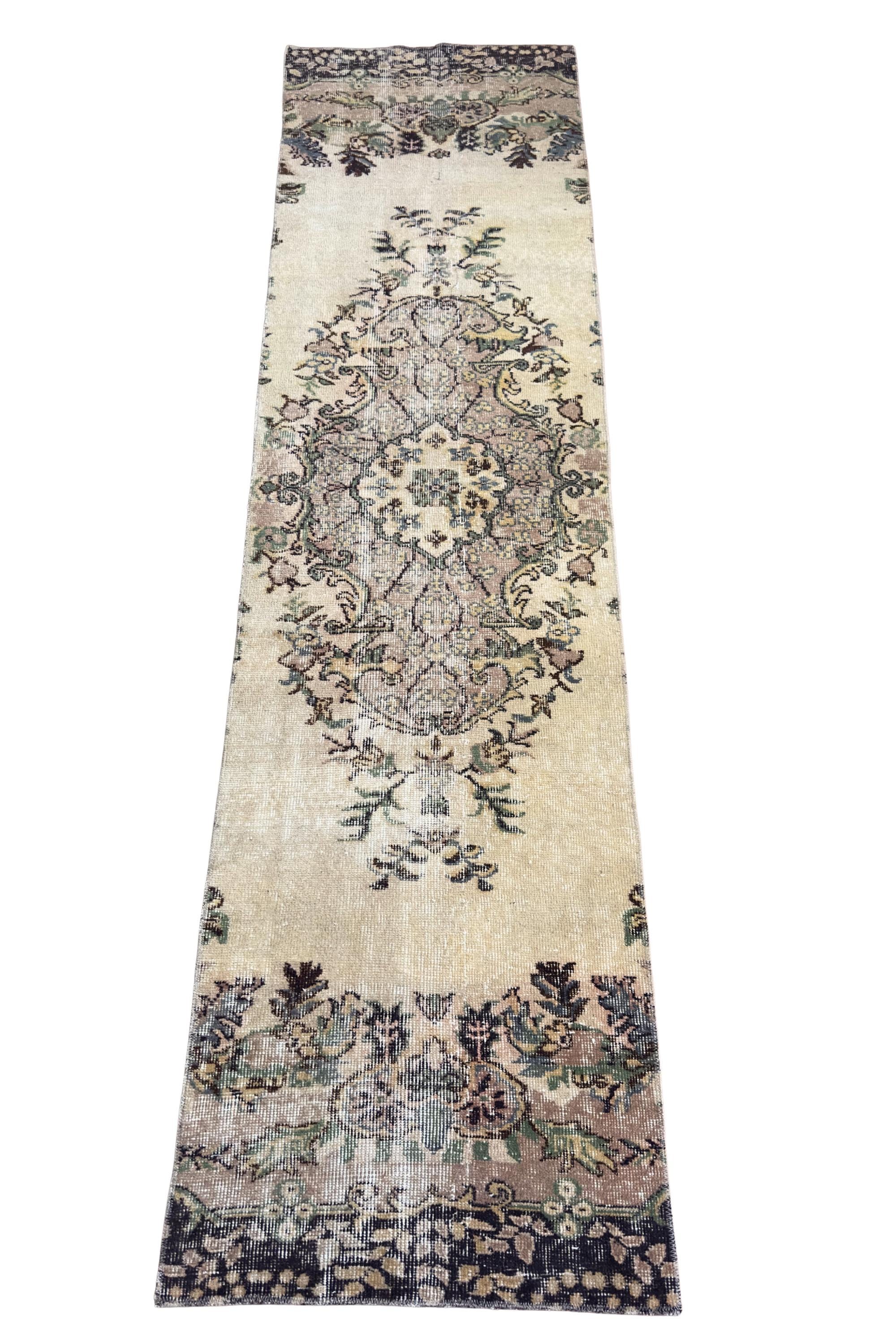 Vintage Turkish Isparta Runner Rug, Hand-Knotted Wool Medallion, Faded Ivory Navy, 75x285 cm – view 3