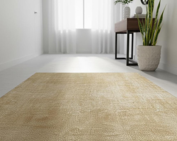 114x214 cm Handmade Beige Wool Rug | Single Unique Handwoven Turkish Rug