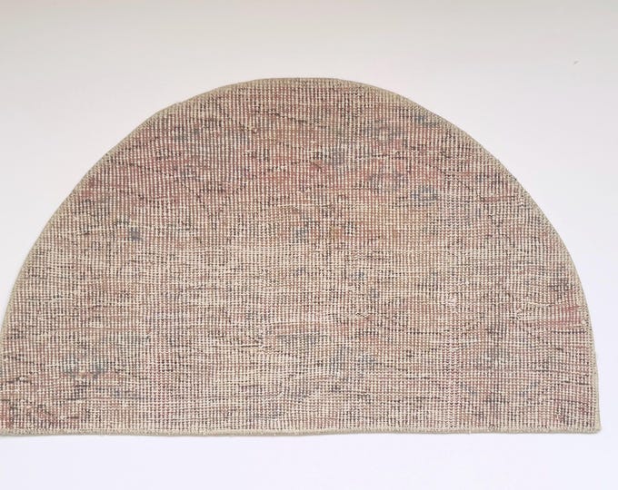 19x32 Inch Vintage Turkish Semicircle Rug, Neutral Wool Half Round Door Mat