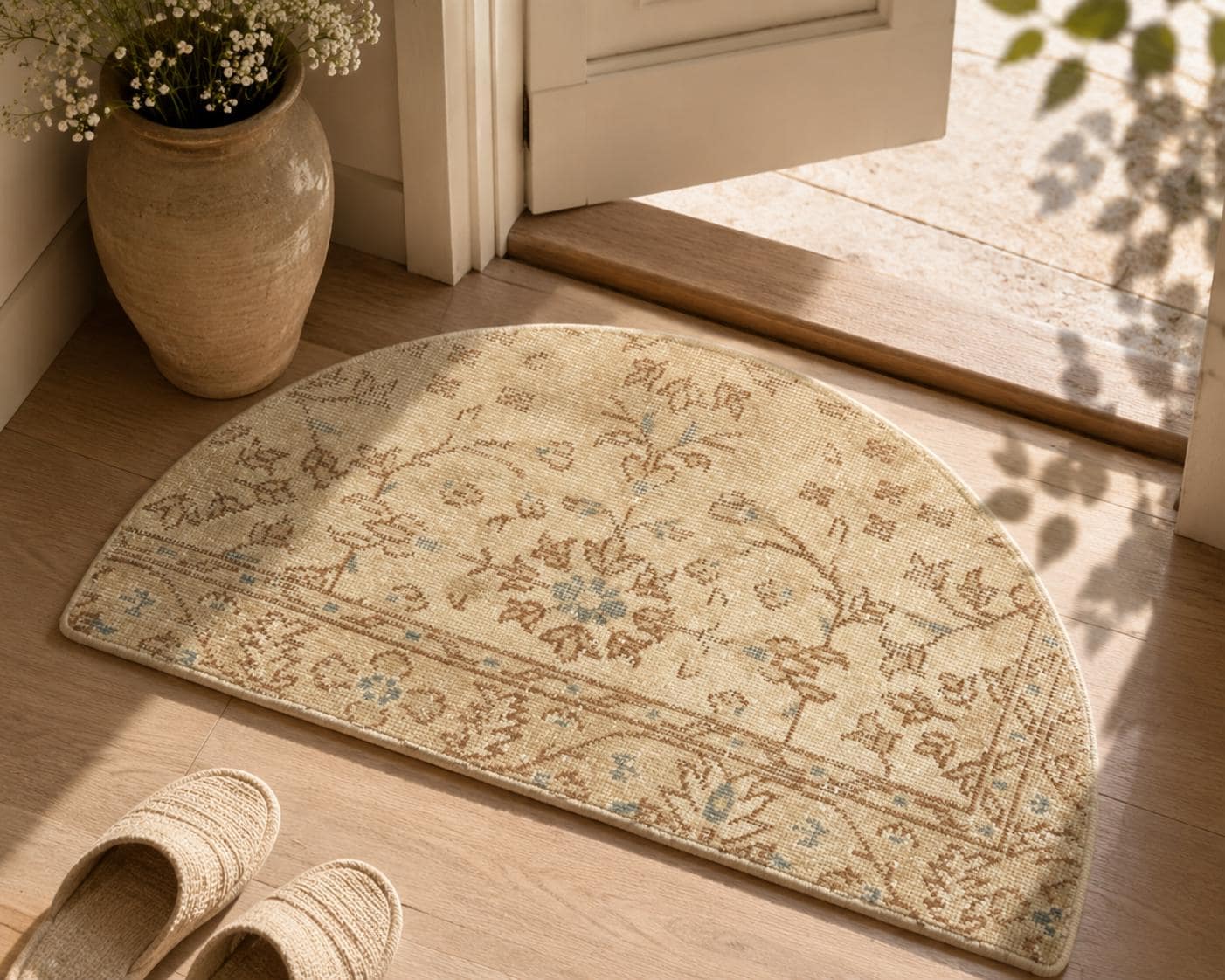 Vintage Turkish Semicircle Rug, Handwoven Wool Floral, Ivory Cream Taupe, 1.6x2.7 ft Half Moon