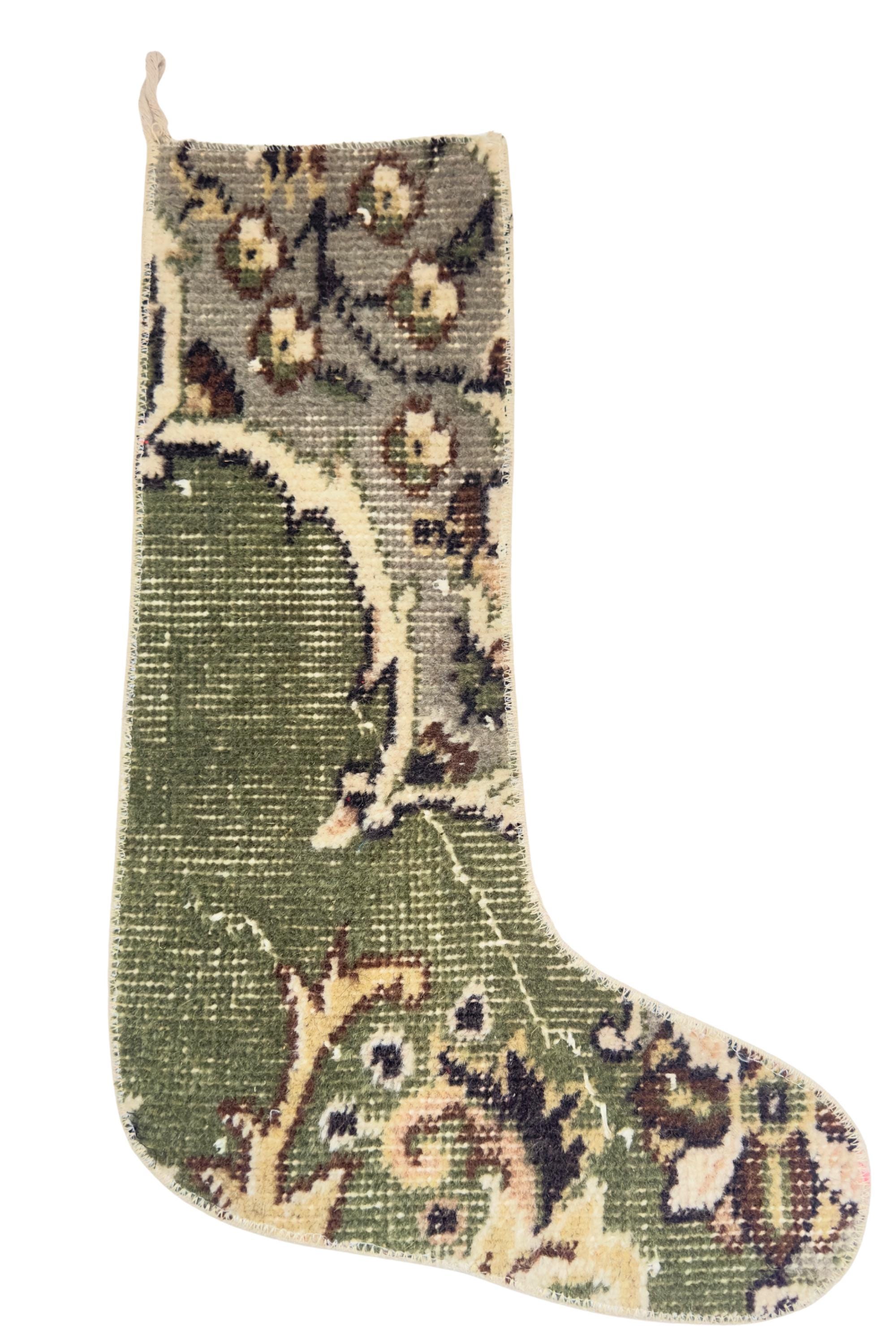 Turkish Rug Christmas Stocking, Handmade Vintage Anatolian Wool, Sage Green, Boho Rustic Fireplace Decor – view 3