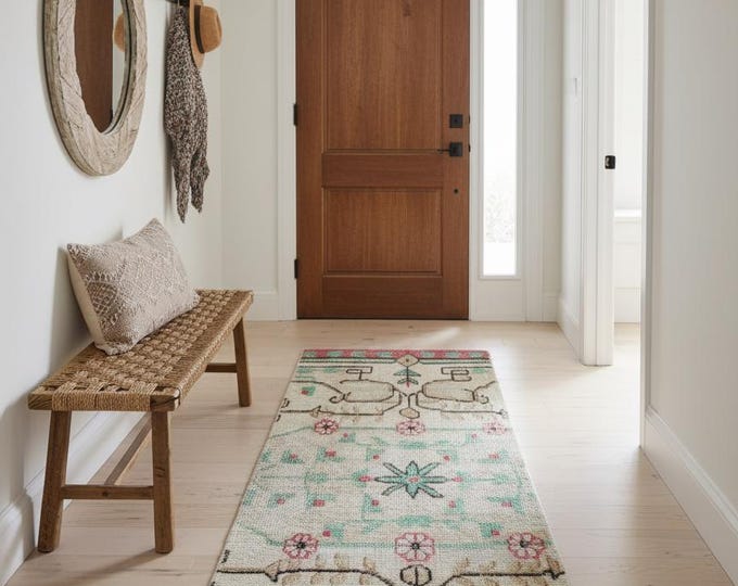 Green small rug,Runner Rug,Rugs for Hallway,Vintage Oushak rug,Hand made Small Rug,Turkish Vintage Rug,2x3 Ft Rug,Entryway Rug,antique rug