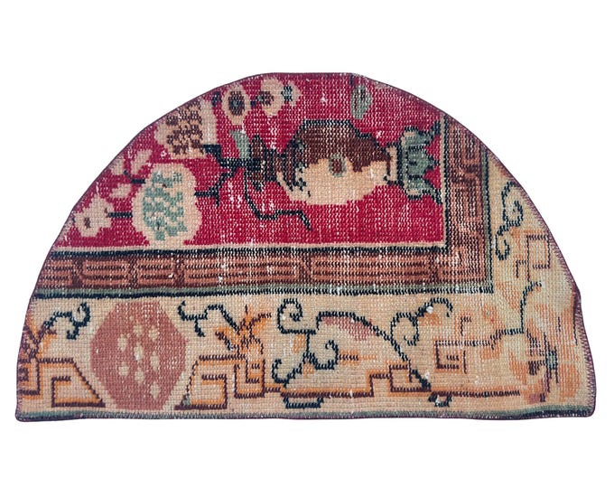 Vintage Hand-Knotted Wool Semicircle Rug, Distressed Red Beige Floral Half Moon Doormat, 1.5x2.5 ft
