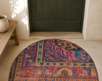Tappeto Turco Vintage a Semicerchio, Lana Annodata a Mano Medaglione Boho, Viola Rosa Verde, 1.6x2.7 ft