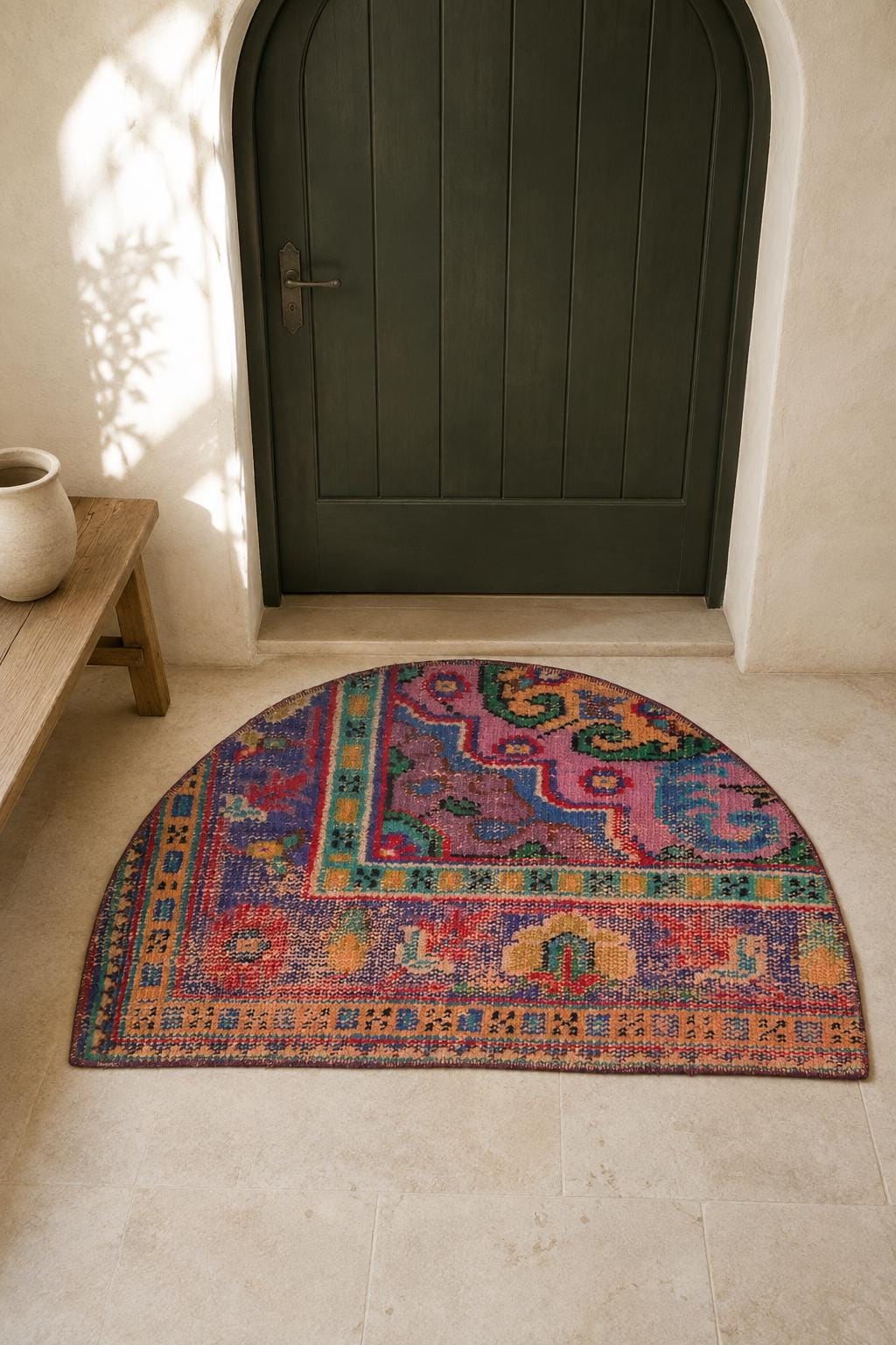Vintage Turkish Semicircle Rug, Hand-Knotted Wool Boho Medallion, Purple Pink Green, 1.6x2.7 ft