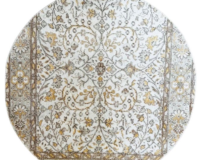 Round Oushak Wool Rug Handmade Turkish Vintage Floral Decor