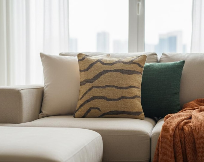 Earthy 16” Kilim Cushion, Brown Tan Tribal Wool Abstract Decor