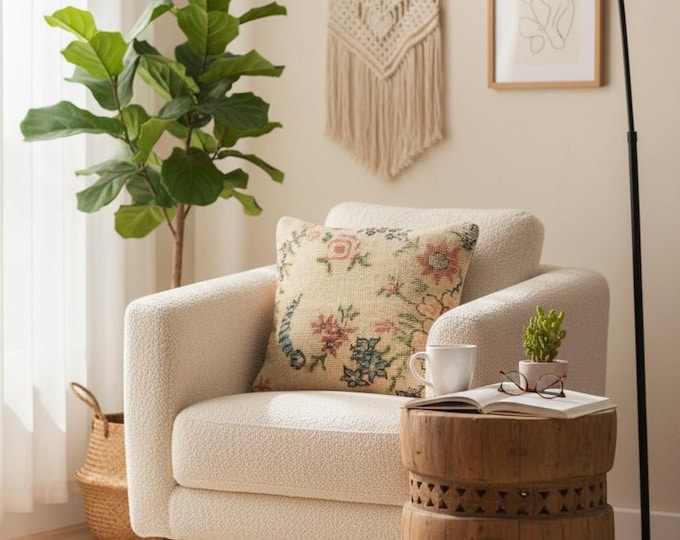 16x16 inch Handwoven Wool Pillow | Turkish Rug Cushion Cover | Coastal Rustic Bedroom Decor