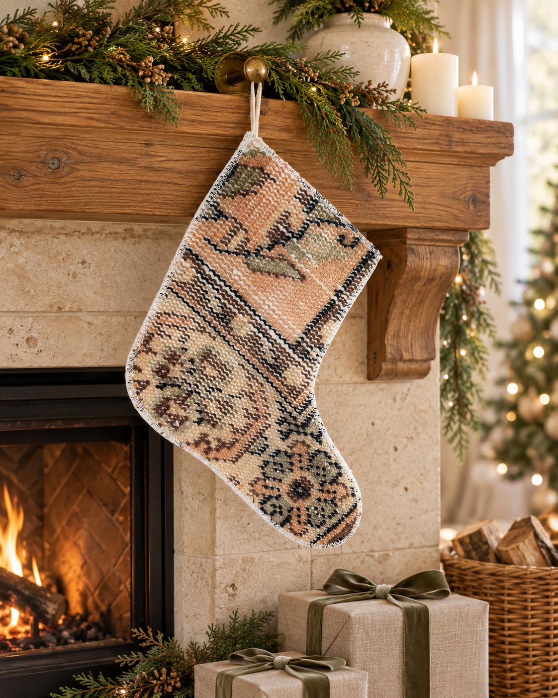 Vintage Turkish Rug Christmas Stocking, Peach Olive Tan Floral Medallion, Brown Black, 11.0x12.2 in – view 2