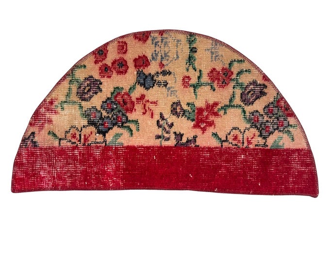 Handmade Wool Semicircle Rug Red Vintage Small Doormat Boho Home Decor