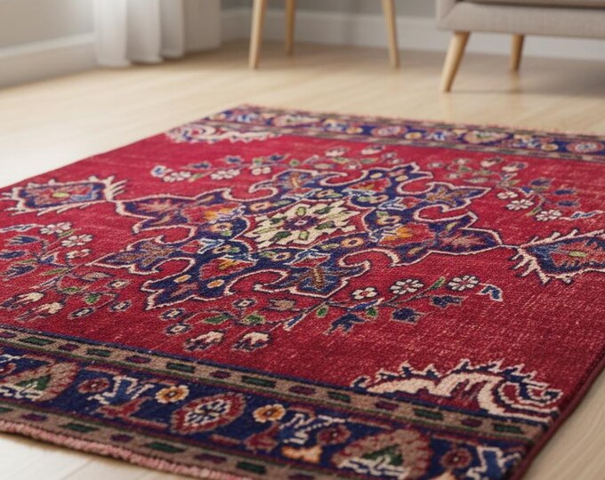 125x175 cm Red Navy Orange Green Floral Wool Rug | Handwoven Turkish Rug