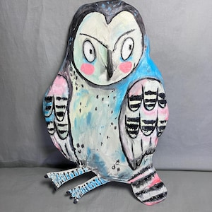 Big Blue Quirky Barn Owl Paper Mache Bird Wall Art