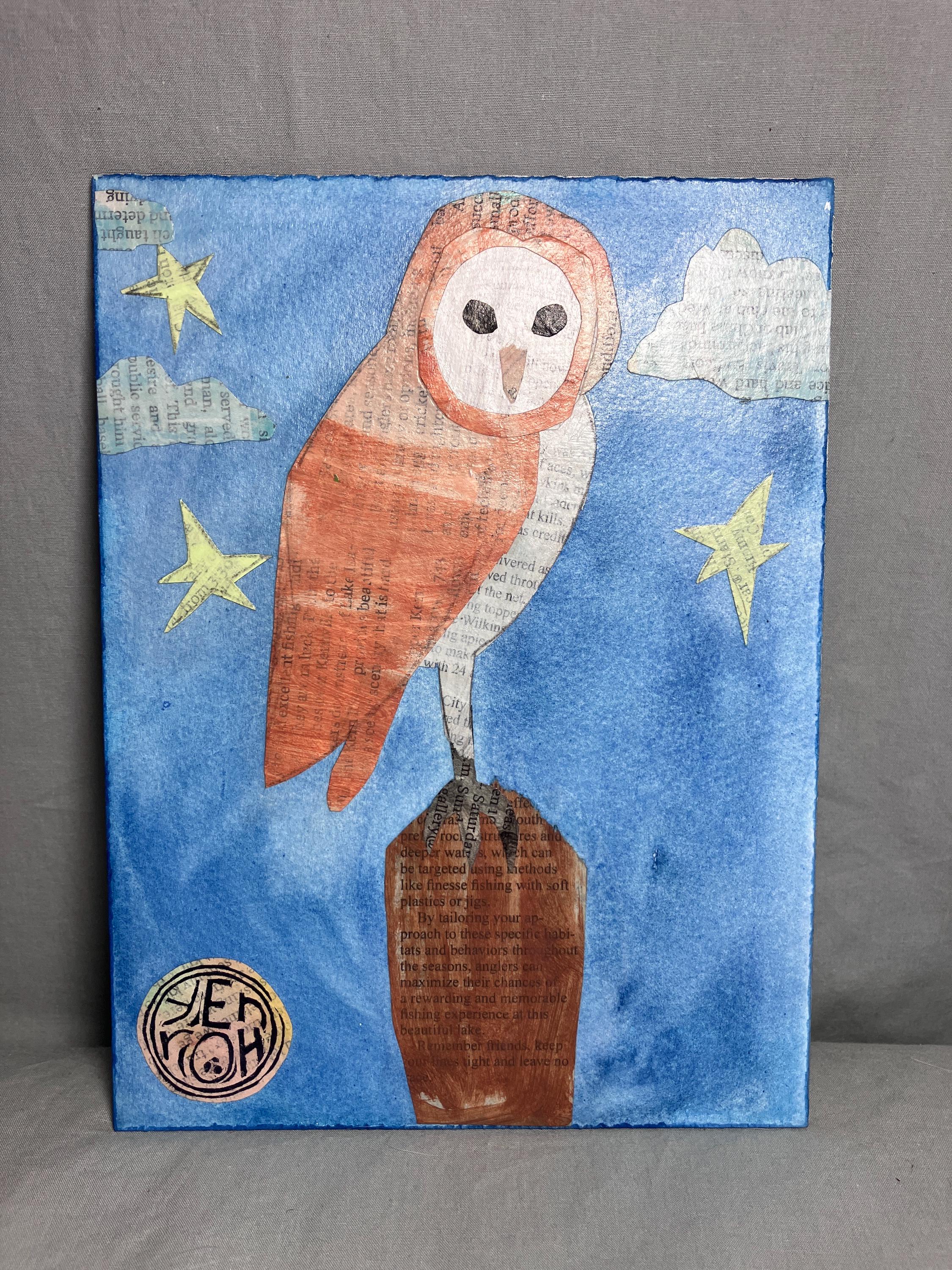 Original Collage Art on Aluminum Panel Barn Owl 6x8