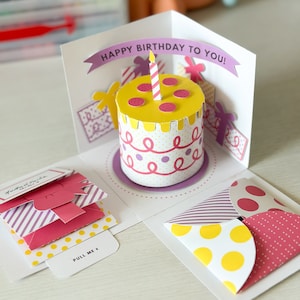 Modello stampabile di scatola regalo esplosiva di compleanno per progetto fai da te/scheda per torta di compleanno. Modello di download digitale PDF