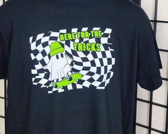 Skateboarding Ghost T-Shirt: Checkered Tricks, Retro Halloween Tee