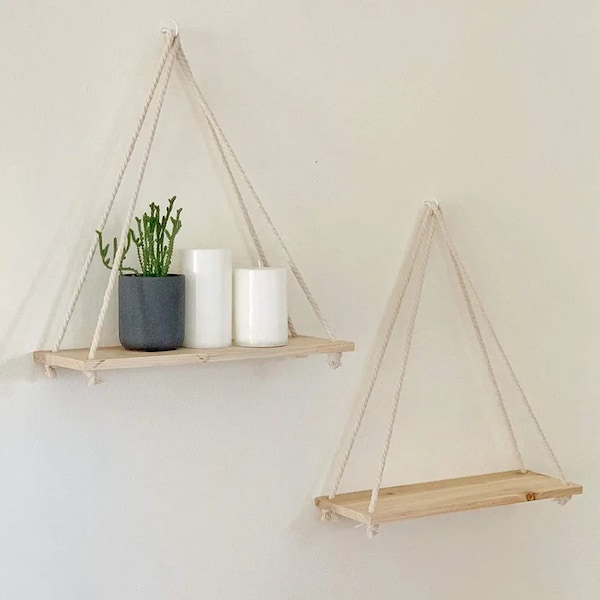 Wooden Hanging Rope Shelf For Bedroom Bathroom Kitchen Rustic Style