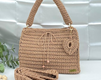 Handmade Nylon Crochet Shoulder Bag | Large Woven Tote with Lining | Summer Crossbody Purse | Gift for Her | Top Handle Handbag