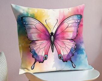 Watercolor Butterfly Cover, Soft Colors Butterfly Pillowcase, Daughter Gift, Decorative Cushion, Room Decor, Spun Polyester Square Pillow