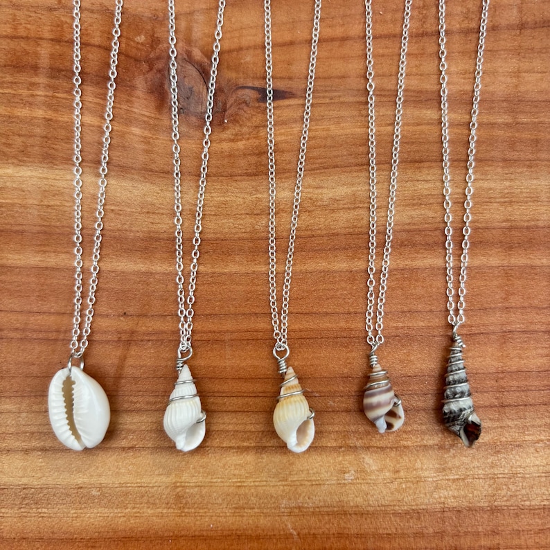 May include: Five seashell necklaces with silver chains. The shells vary in shape and color, including white, tan, and brown. Each shell is attached to the chain with silver wire. The necklaces are displayed on a wooden surface.