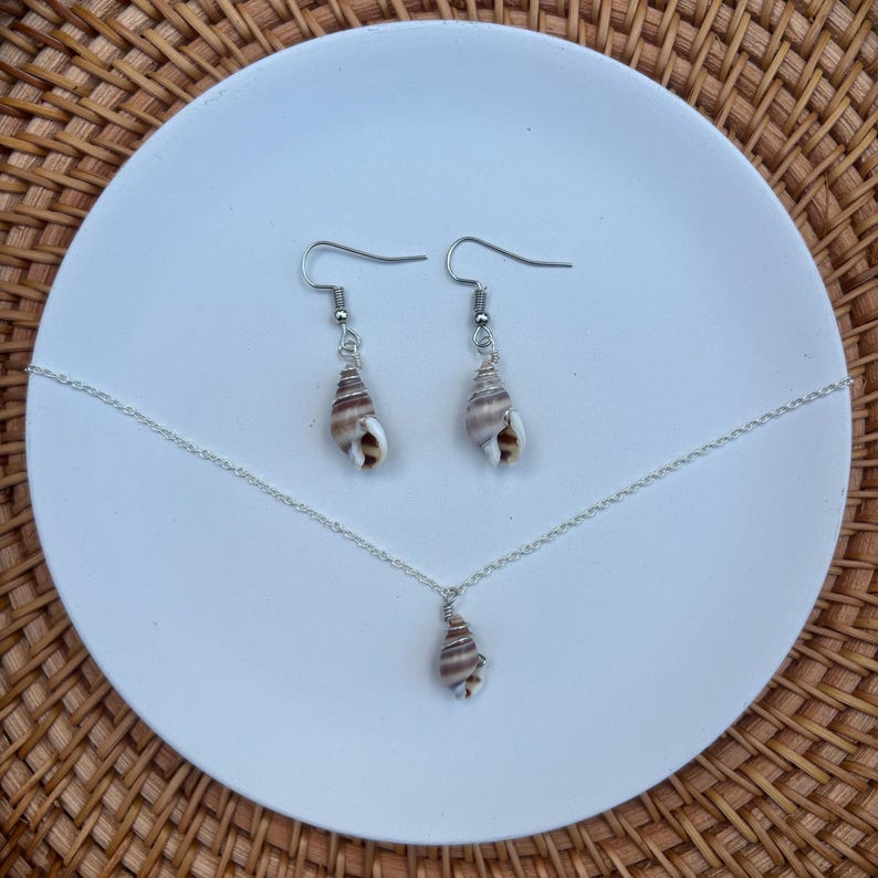 May include: A jewelry set featuring a necklace and earrings. The set includes a silver chain necklace with a small seashell pendant and a pair of seashell earrings. The seashells are brown and white, and the jewelry is displayed on a white plate.