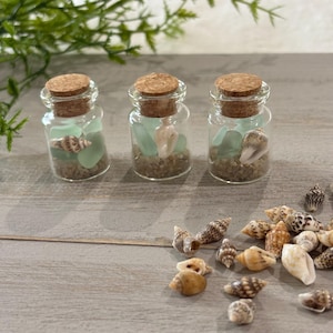 May include: Three small glass bottles with cork stoppers, each filled with sand, sea glass, and seashells. The bottles are clear, and the sea glass is a pale green. A collection of seashells is scattered around the bottles.