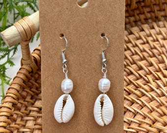 Cowrie Shell & Freshwater Pearl Earrings: Boho Beach Jewelry