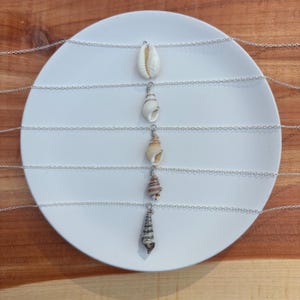 May include: A collection of silver necklaces, each featuring a unique seashell pendant. The shells vary in shape, size, and color, ranging from creamy white to brown and tan. The necklaces are displayed on a white plate against a wooden background.