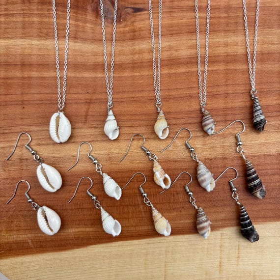 Wire Wrapped Shell Necklace and Earrings Set: Minimalist Silver Coastal Jewelry