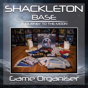 May include: A board game called "Shackleton Base: A Journey to the Moon" is displayed, with game components like cards, boxes, and pieces. The image shows the box art, featuring an astronaut. The words "Game Organiser" are at the bottom of the image.