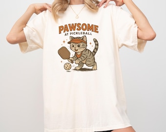 Pawsome at Pickleball Cat Shirt, Funny Cat Pickleball Tee, Comfort Colors T-Shirt, Unisex Cat Lover Gift, Cute Kitten Sportswear