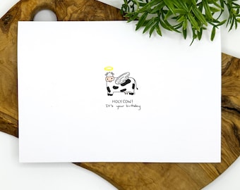 Holy Cow It's Your Birthday – Leuke handgetekende wenskaart met koe woordspeling