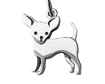 May include: A silver charm in the shape of a Chihuahua dog. The charm is a simple silhouette of a dog with a small, pointed head and a long, thin tail.