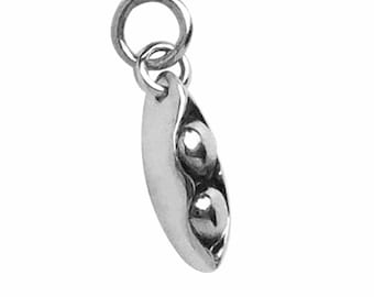 Sterling Silver Two Peas in a Pod Charm .925 Tiny Vegetable Pendant