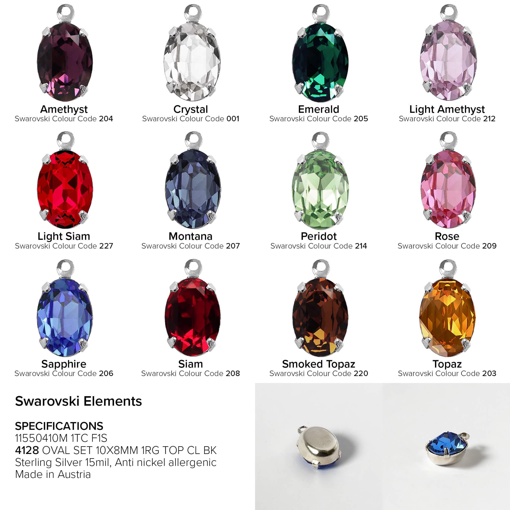 Swarovski Crystal Oval Stone: Sterling Silver Setting, 10x8mm (set