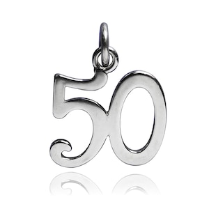 May include: A silver charm pendant shaped as the number 50. The pendant has a loop at the top for attaching to a chain or bracelet. The number is styled with rounded edges and a reflective surface.
