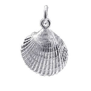 May include: A silver charm shaped like a seashell. The charm has a detailed, textured surface that resembles the ridges of a real seashell.