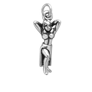May include: A silver charm in the shape of a woman with her arms raised above her head. She is wearing a skirt and has a stylized, simplified face.