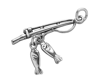 Dije de Caña de Pescar de Plata de Ley .925 Colgante de Pez