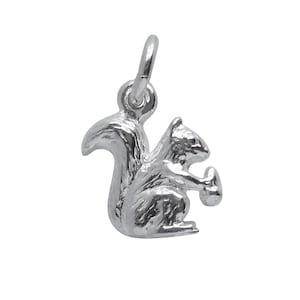 May include: A silver charm in the shape of a squirrel holding a nut. The charm is detailed and has a realistic appearance.