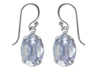 Drop Earrings Sterling Silver Blue Austrian Crystal Blue Shade .925 Pair Oval Ice Blue Earrings