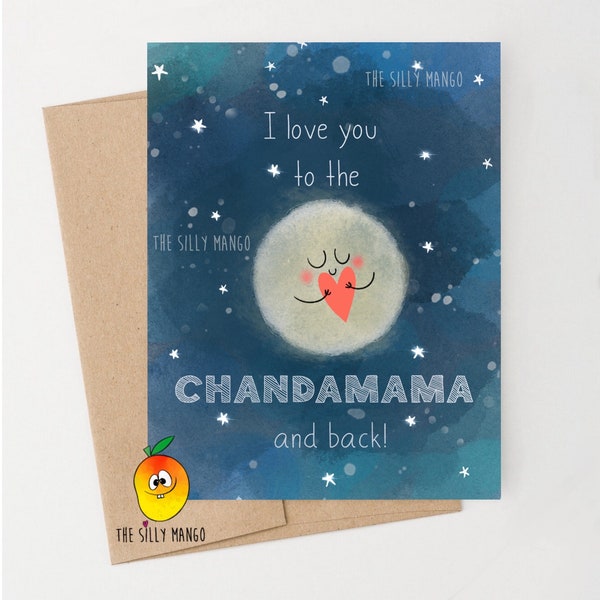 Love you to Chandamama,  Unique Moon Love Card, Handmade, Romantic Anniversary, Perfect Lover Gift for Him or Her, Whimsical Style for Kids