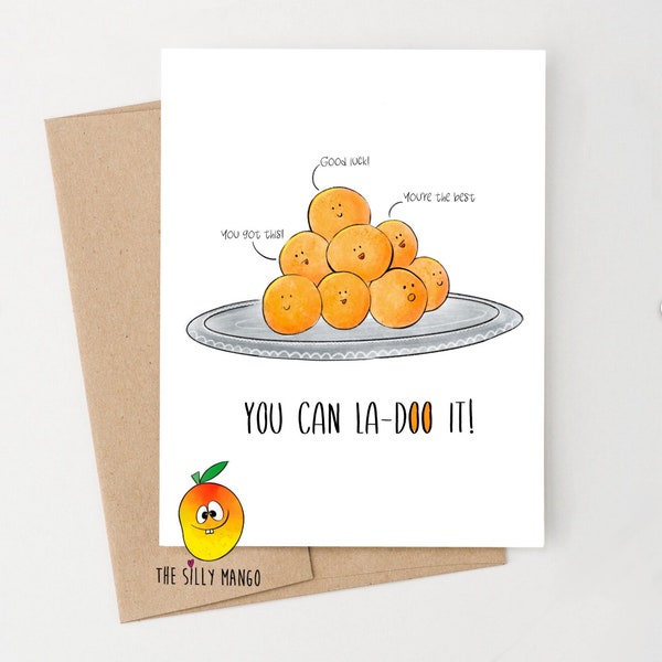 Motivating encouraging greeting card, inspiring blank inside, Cute & funny ladoo note, south asian A2 cards, motivational ladoos, desi art