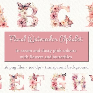 Alphabet floral aquarelle clipart lettres png avec fleurs et papillons poussiéreux carte d'invitation en téléchargement numérique, journal indésirable, Initiale